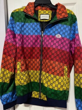 Rainbow Stripe GG Zip-Up Puffer Jacket - Red Pink Orange Yellow Green Blue